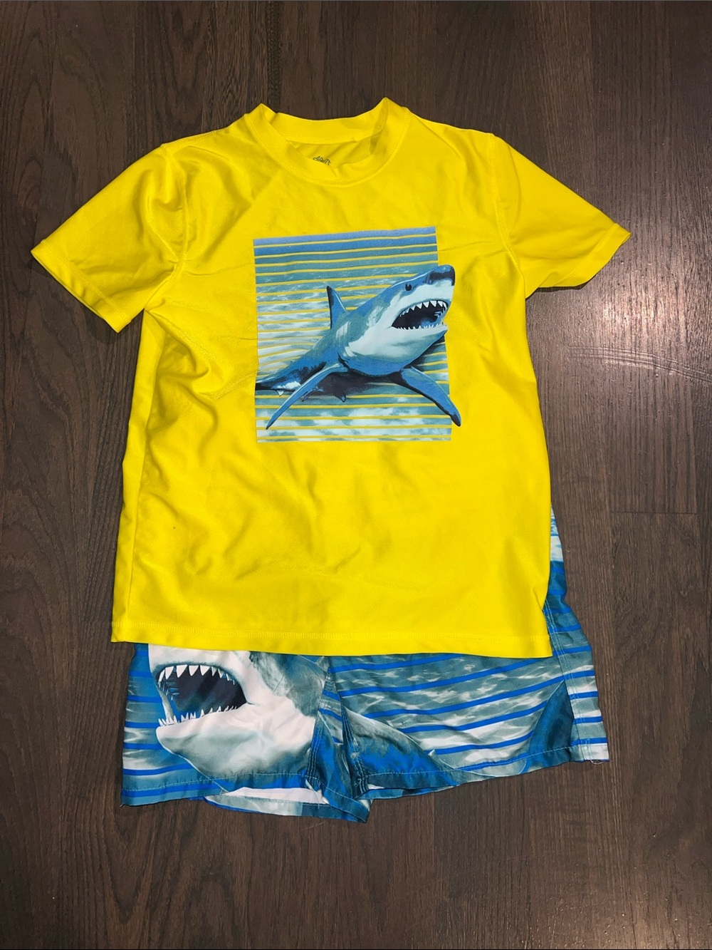 Yellow Shark Graphic Tee & Blue Shark Swim Shorts Set Size M-10-12